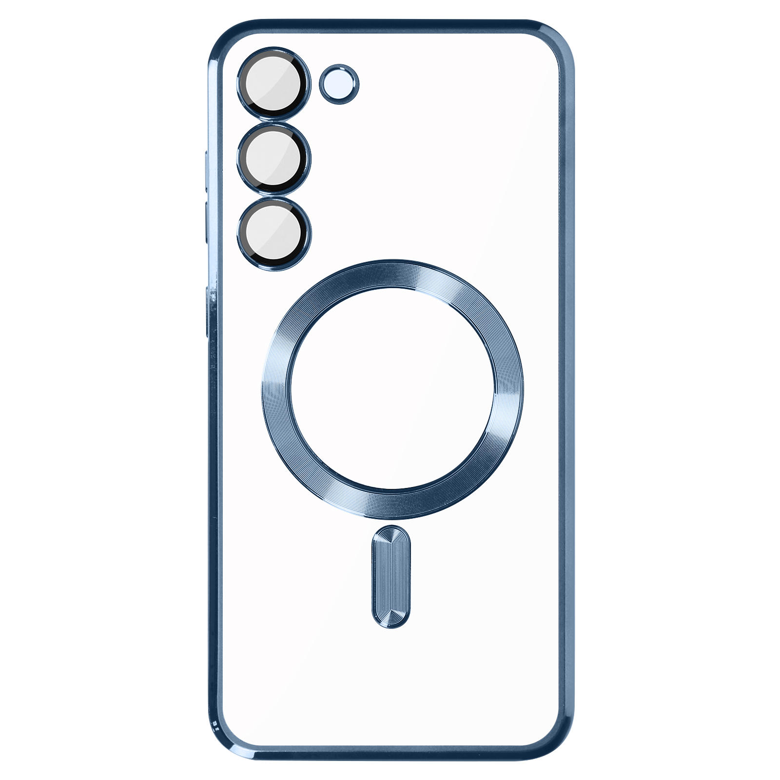 Transparante telefoonhoes met blauwe rand, cirkelvormige en magnetische vormen op de achterkant.