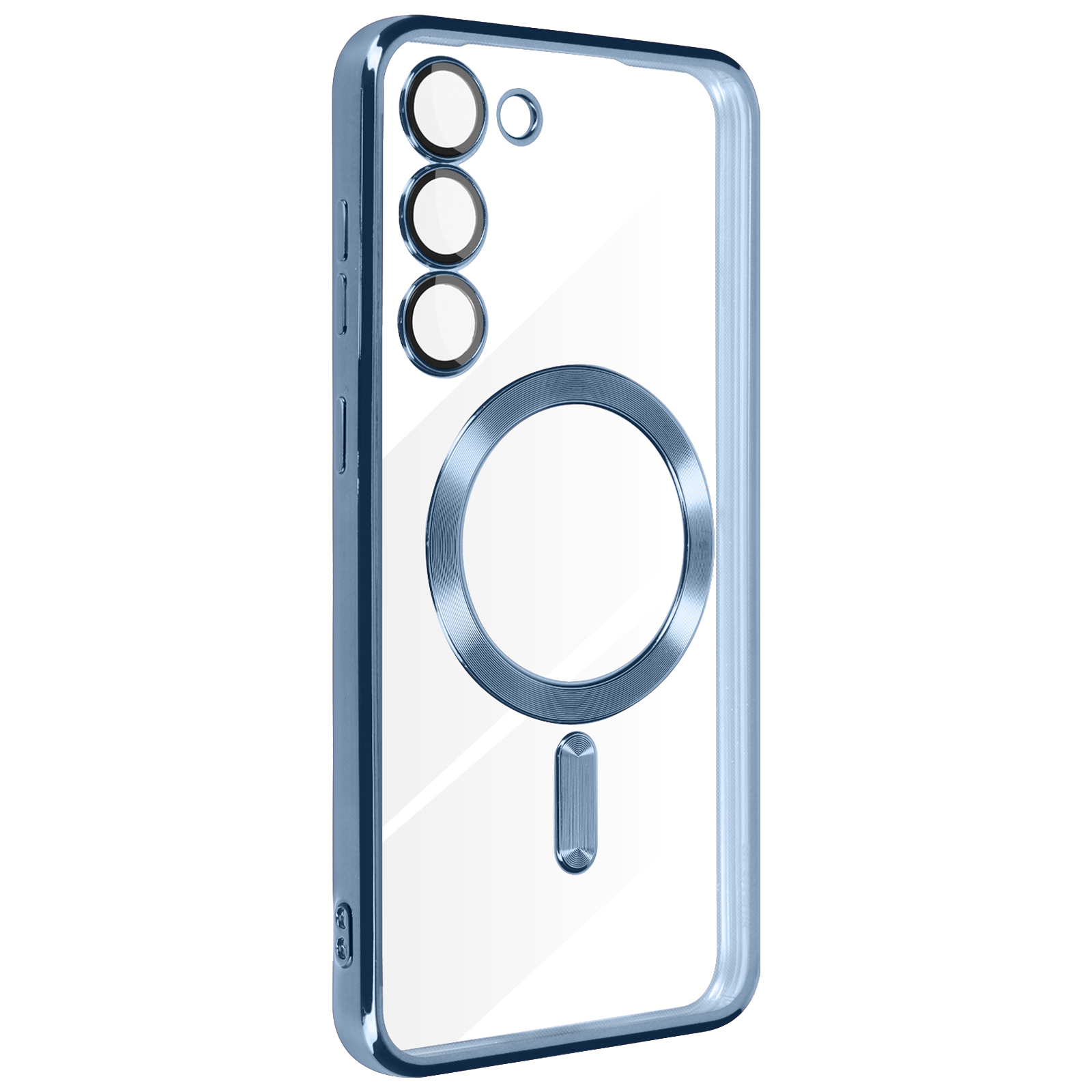 Coque de téléphone transparente avec un cadre métallique bleu et une zone magnétique circulaire.