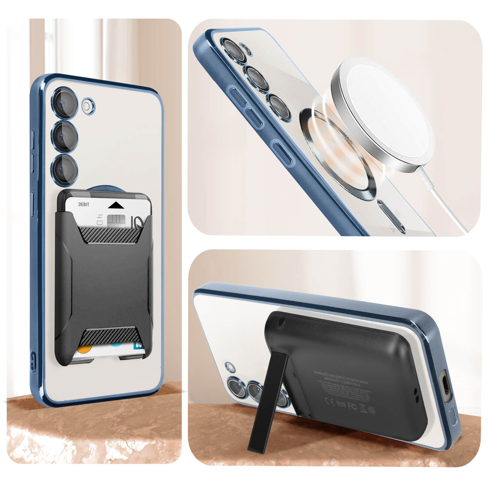 Coque de téléphone avec porte-cartes, chargeur sans fil attaché. Bord bleu, téléphone blanc.