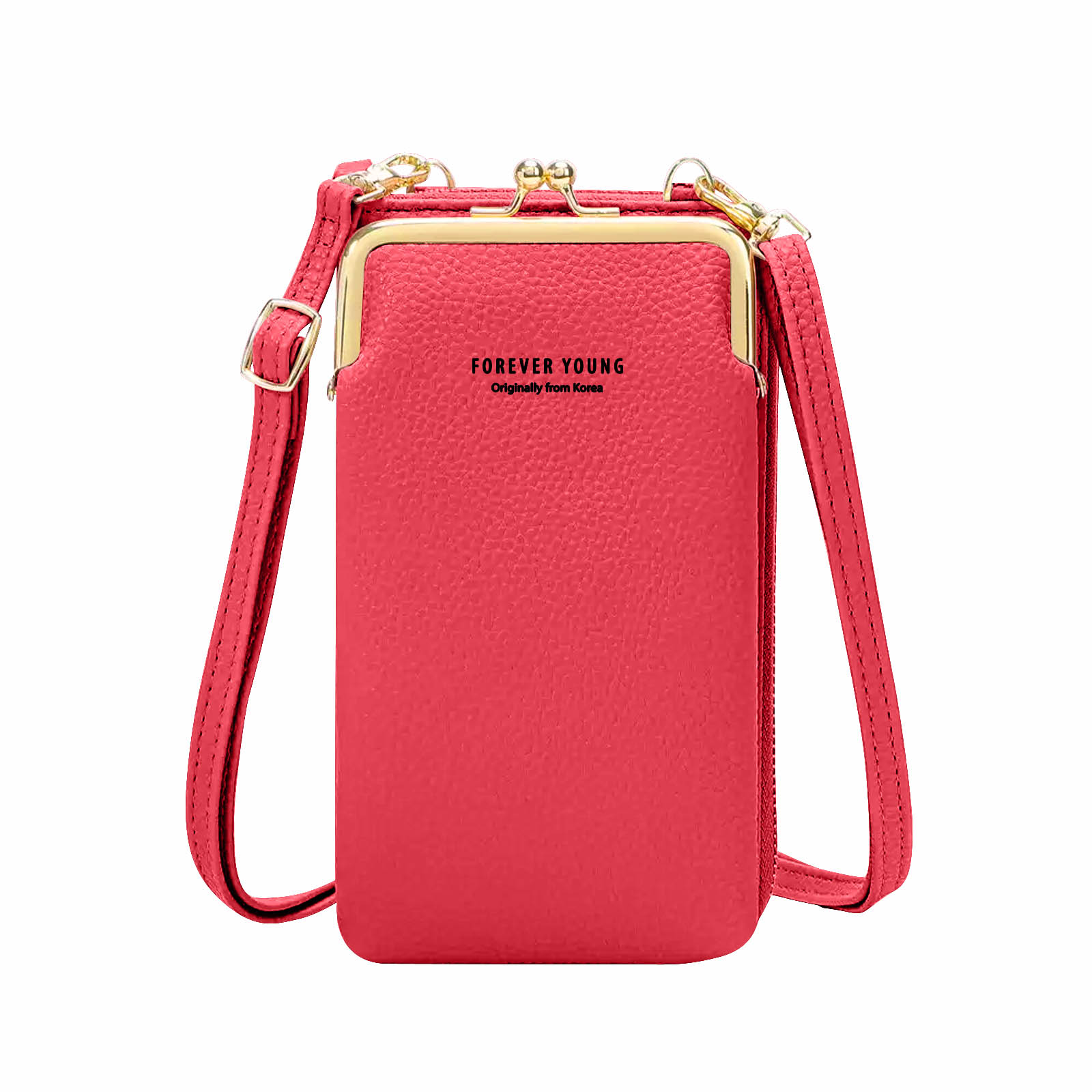 Roze crossbody telefoontas met riem en sluiting, geïsoleerd op wit.