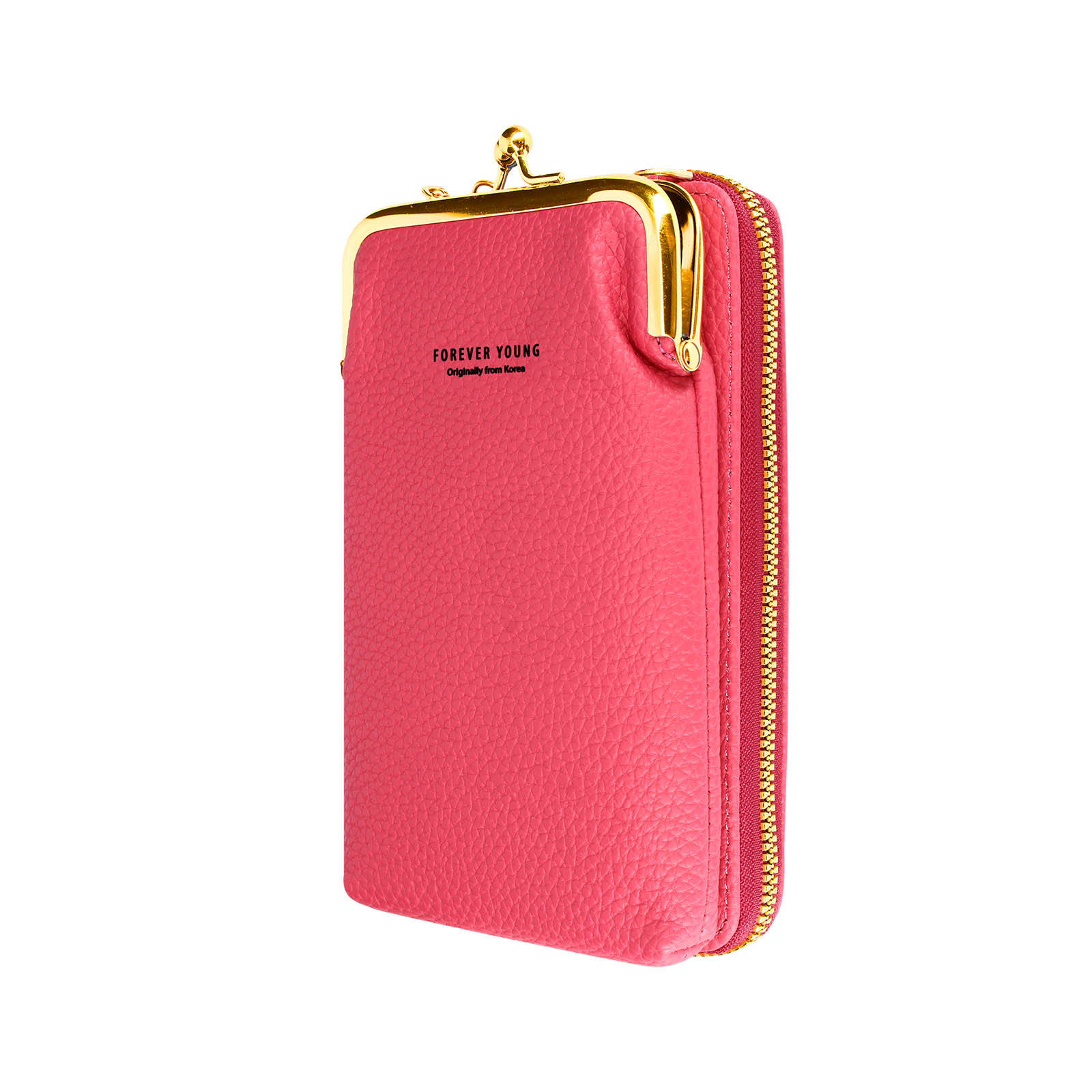 Roze portemonnee telefoonhoesje, met een gouden sluiting en rits.