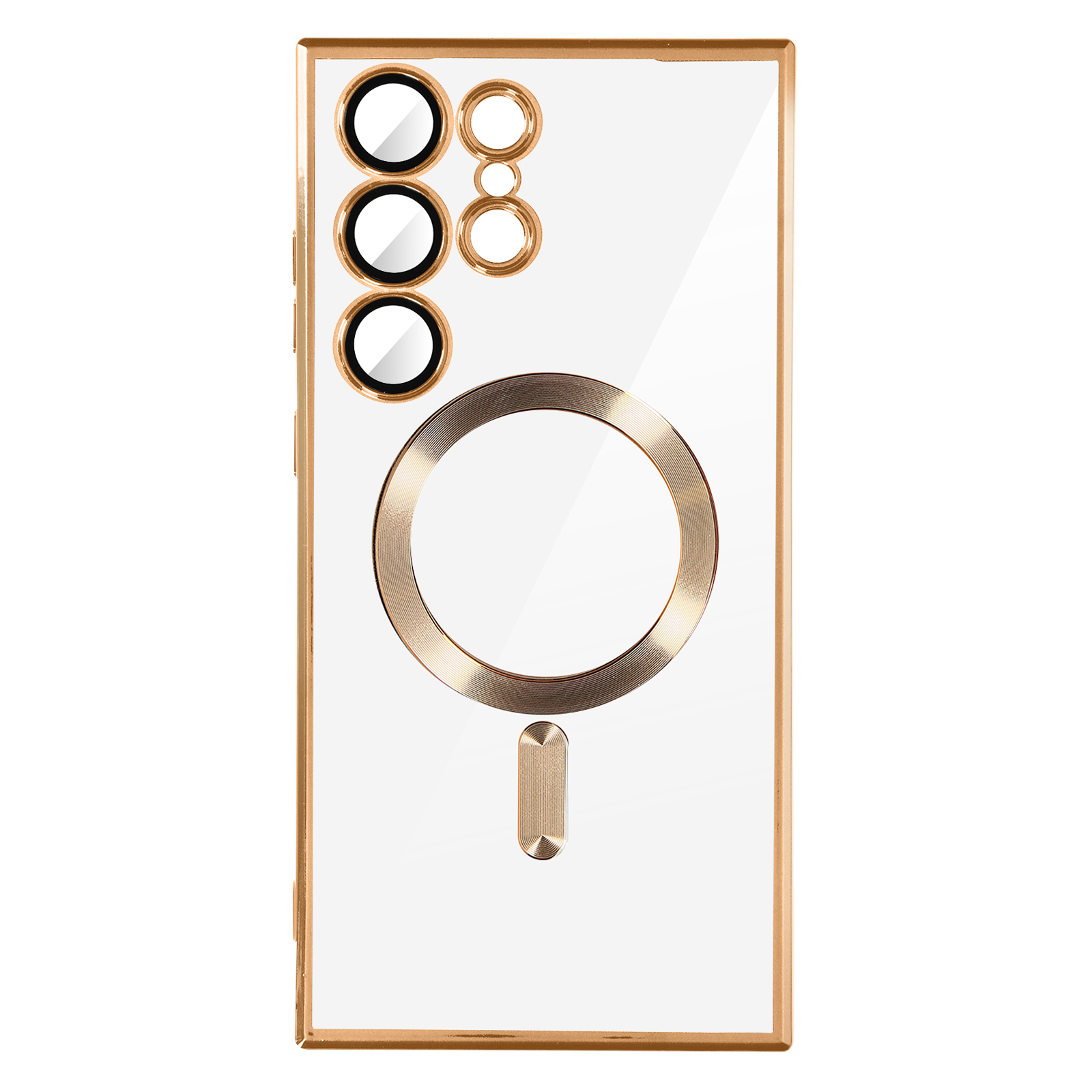 Coque de téléphone transparente avec des accents dorés autour des lentilles de la caméra et un anneau doré.