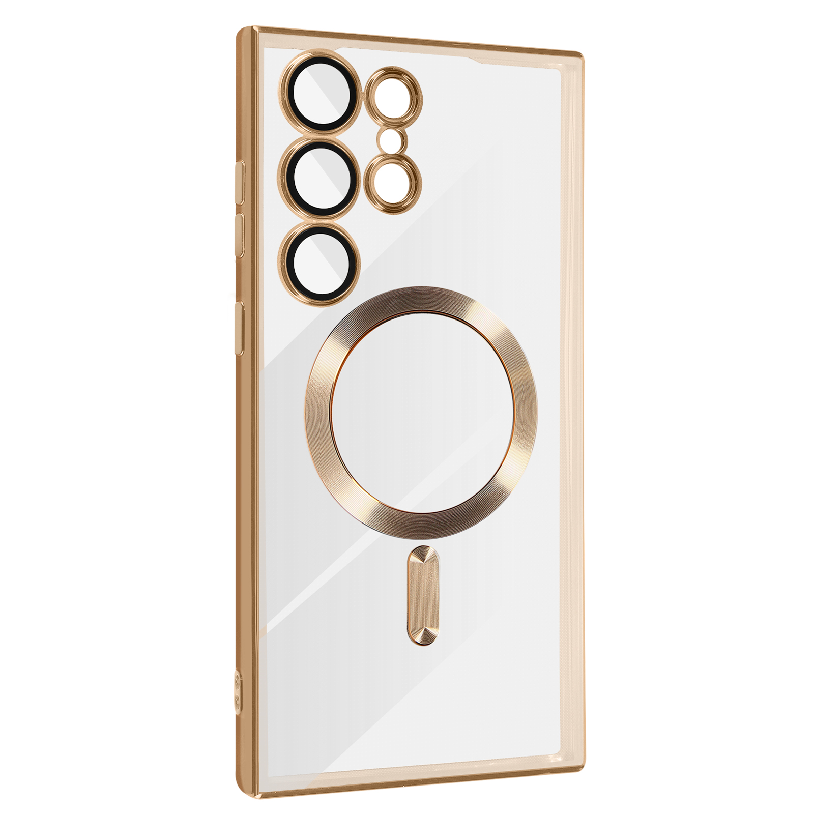 Gouden telefoonhoesje met camera-uitsparingen en een magnetische ring, op wit.
