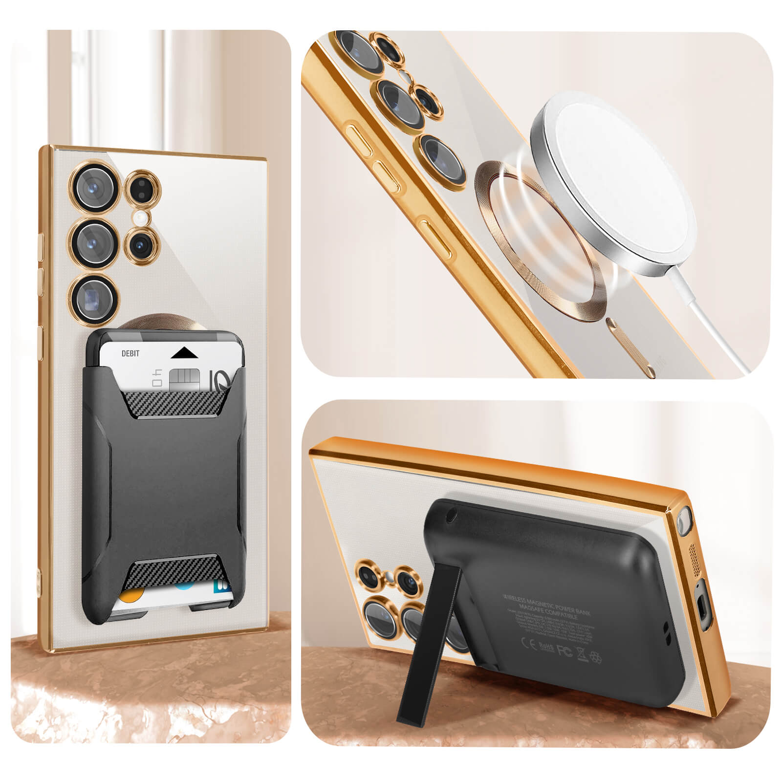 Telefoon met kaarthouder en oplader op standaard. Gouden accenten. Witte achtergrond.