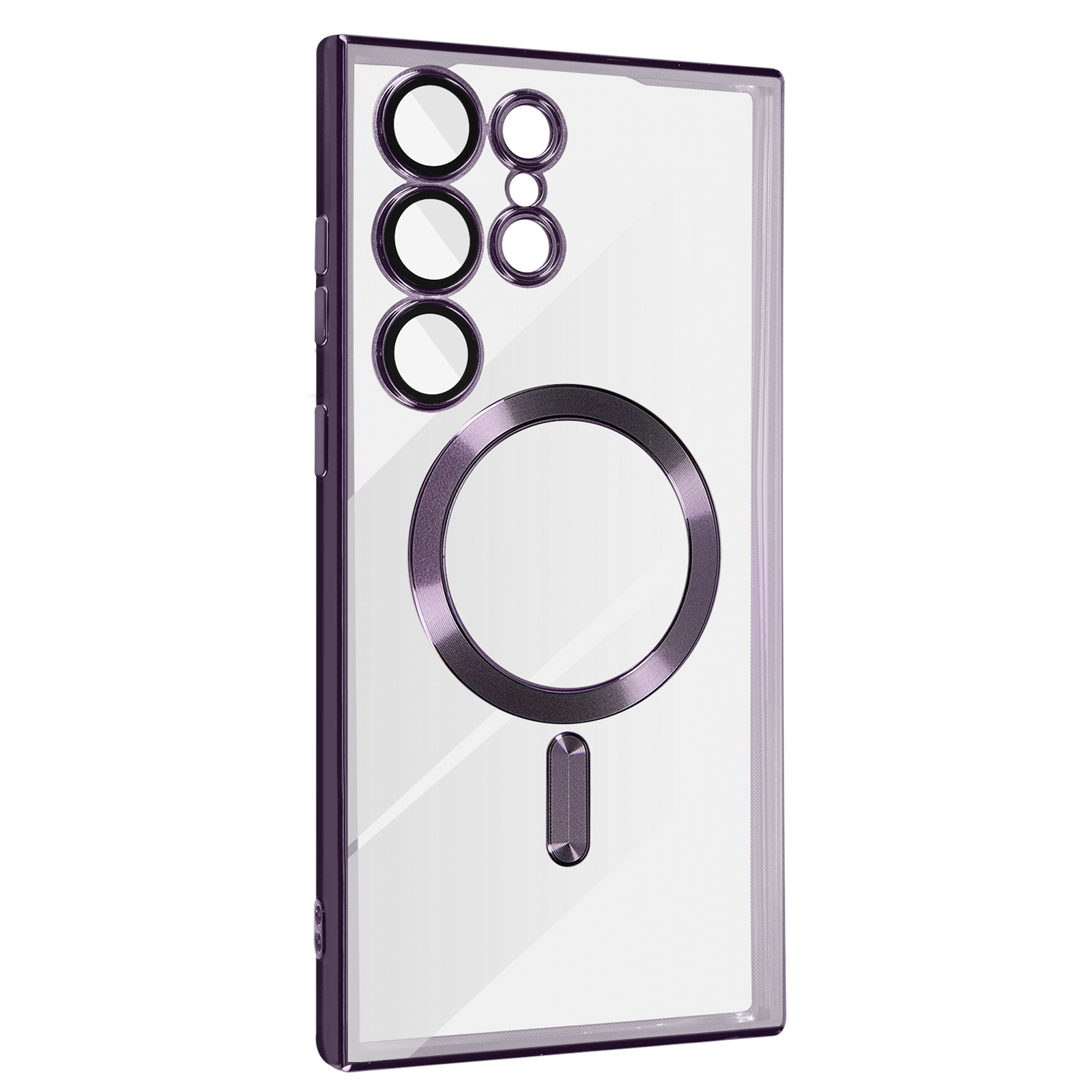 Een paarse telefoonhoes met een doorzichtige achterkant en een magnetische ring.