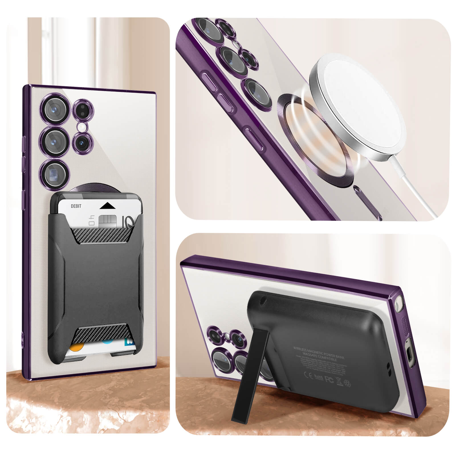 Un téléphone avec un étui et un portefeuille. Un chargeur magnétique est également attaché.