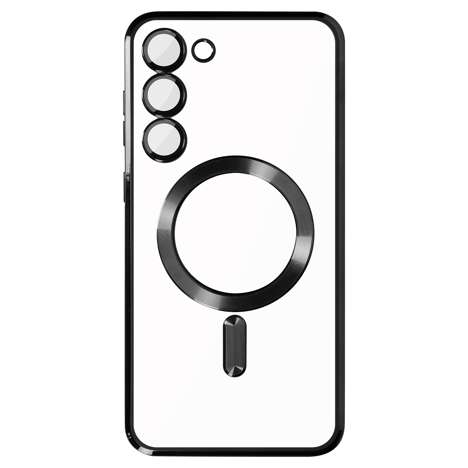 Custodia trasparente con ritagli neri circolari e rettangolari per fotocamera.