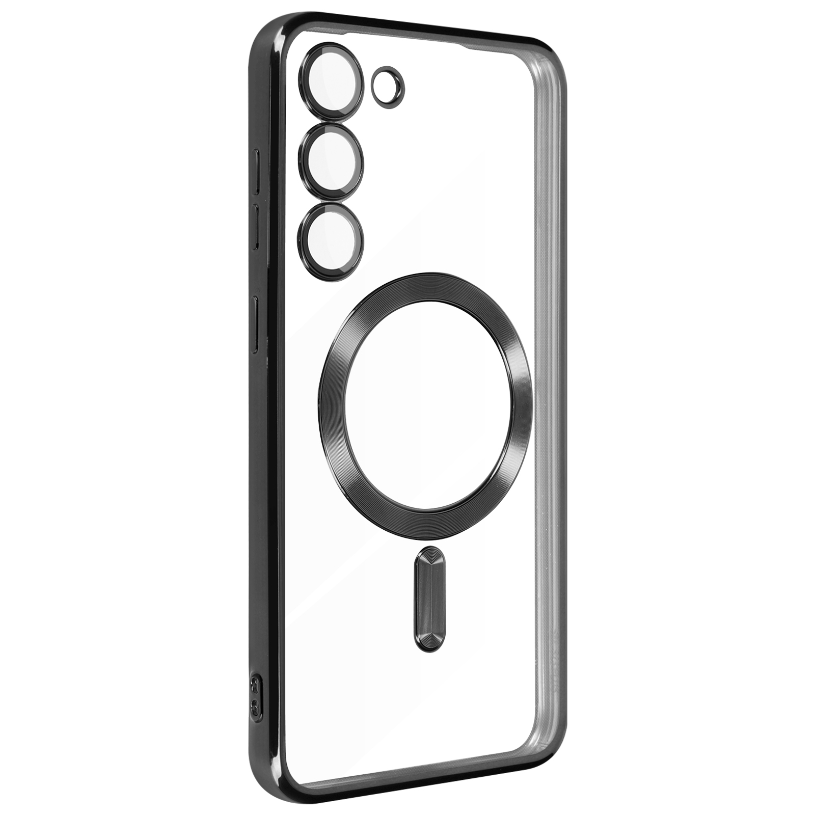 Custodia trasparente per telefono con cornice nera e anello per fotocamera. All'interno un cerchio nero.