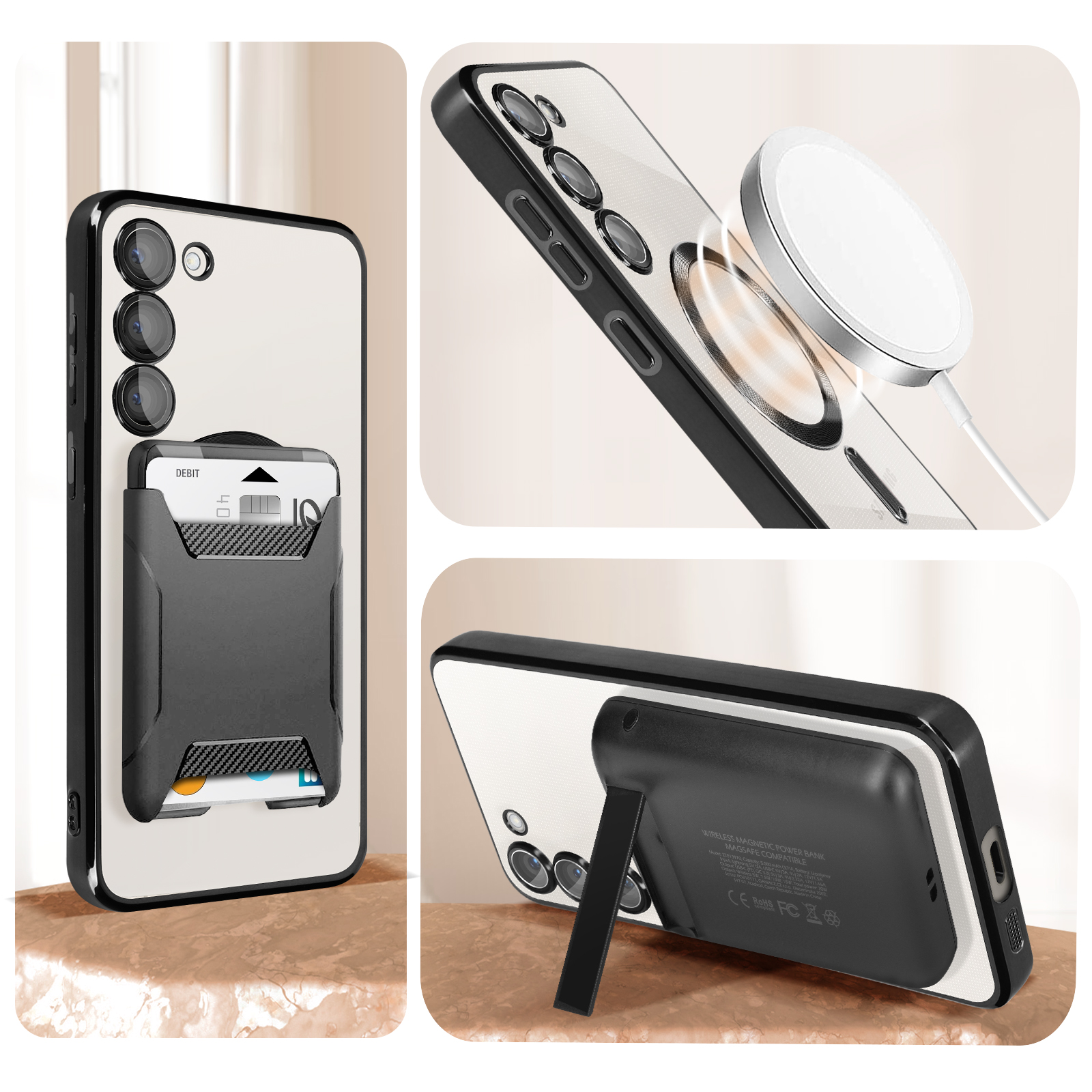 Telefono con custodia e porta carte. Caricatore wireless collegato. Cavalletto sul retro. Bianco e nero.