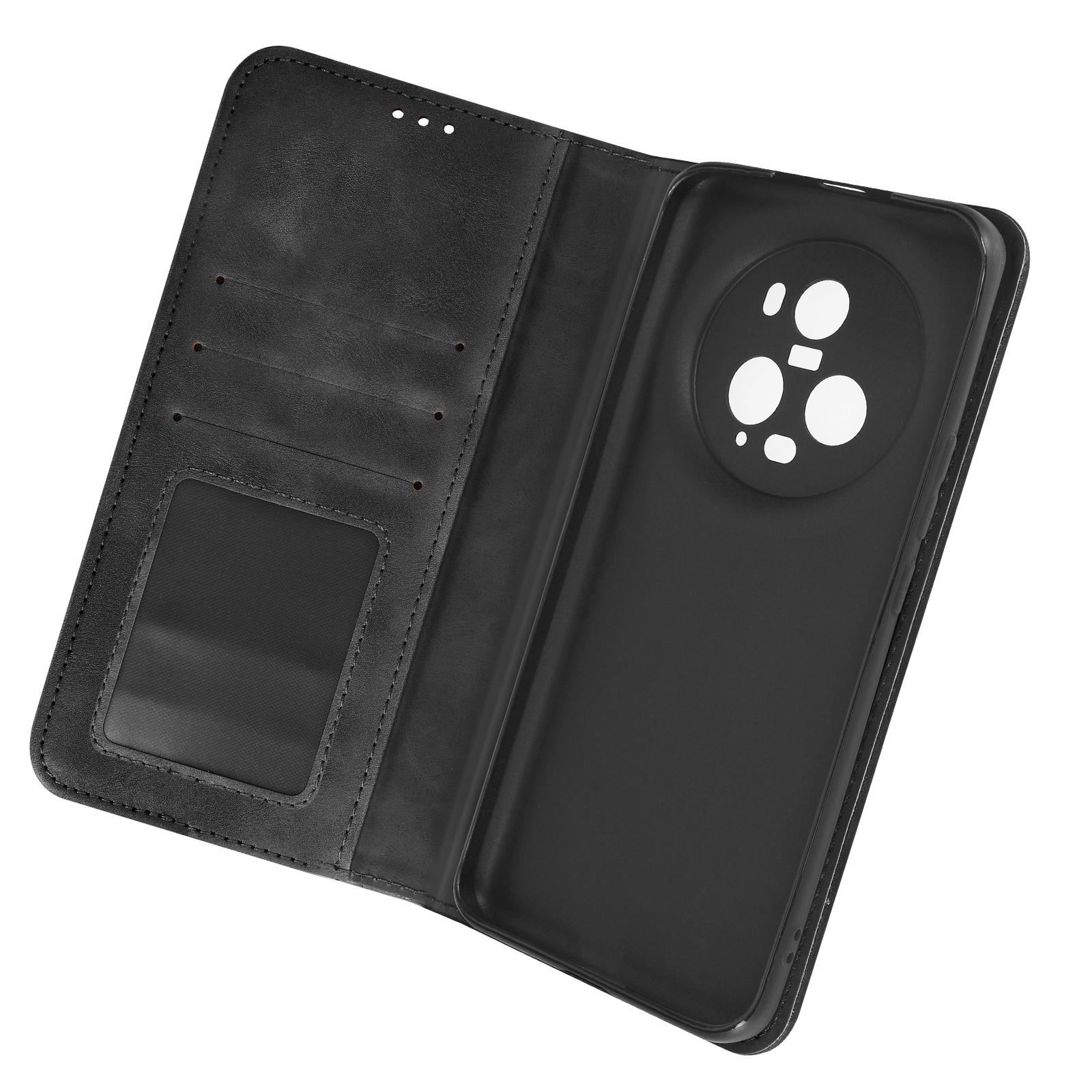 Geöffnete schwarze Leder-Handyhülle mit Kartenfächern und einem transparenten Telefonhalter.