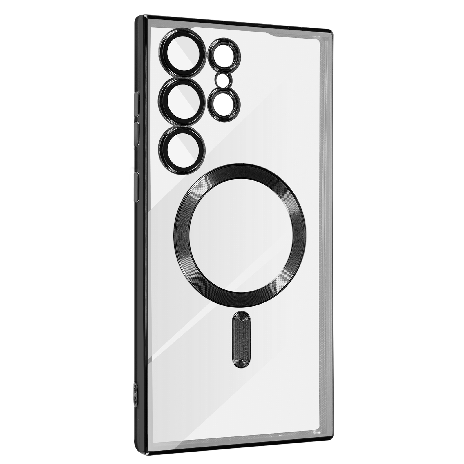 Une coque de téléphone transparente avec un anneau de caméra noir et un anneau magnétique.