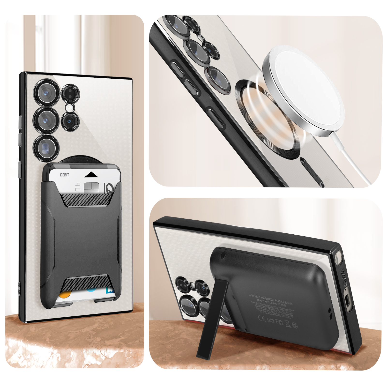 Drie afbeeldingen die een telefoon met accessoires tonen. Telefoon, kaarthouder en draadloze oplader met standaard.