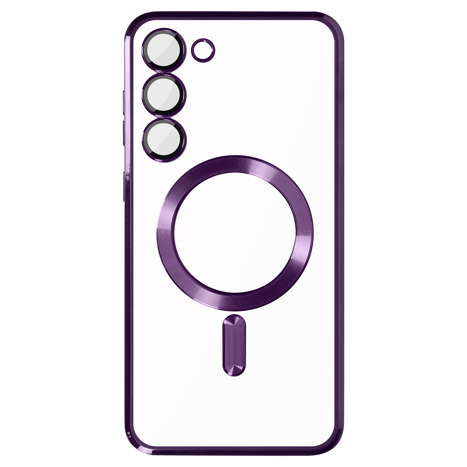 Custodia viola per telefono con fori per fotocamera e cerchio MagSafe. Sfondo bianco.