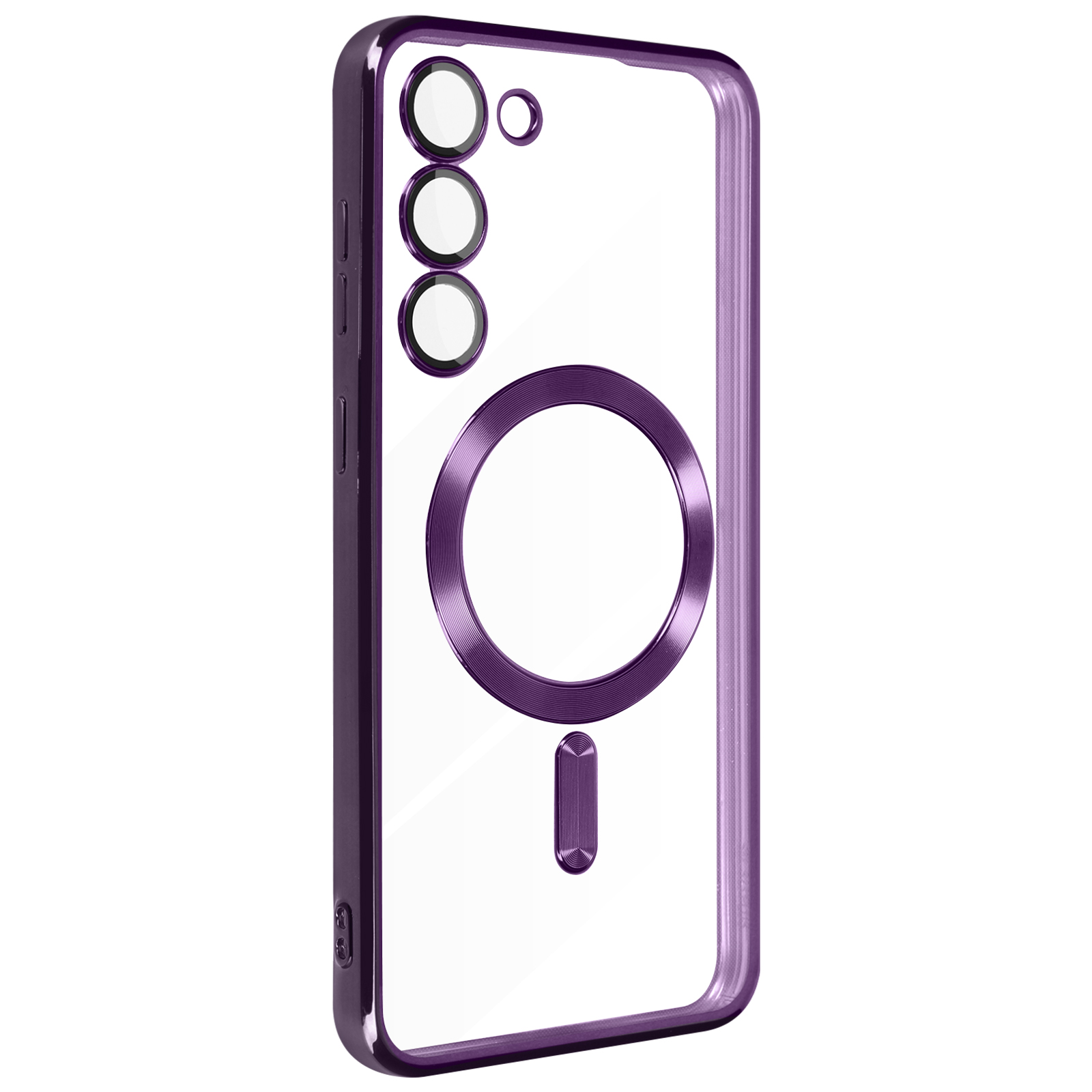 Custodia per telefono viola con retro trasparente e anello circolare. Sfondo bianco.