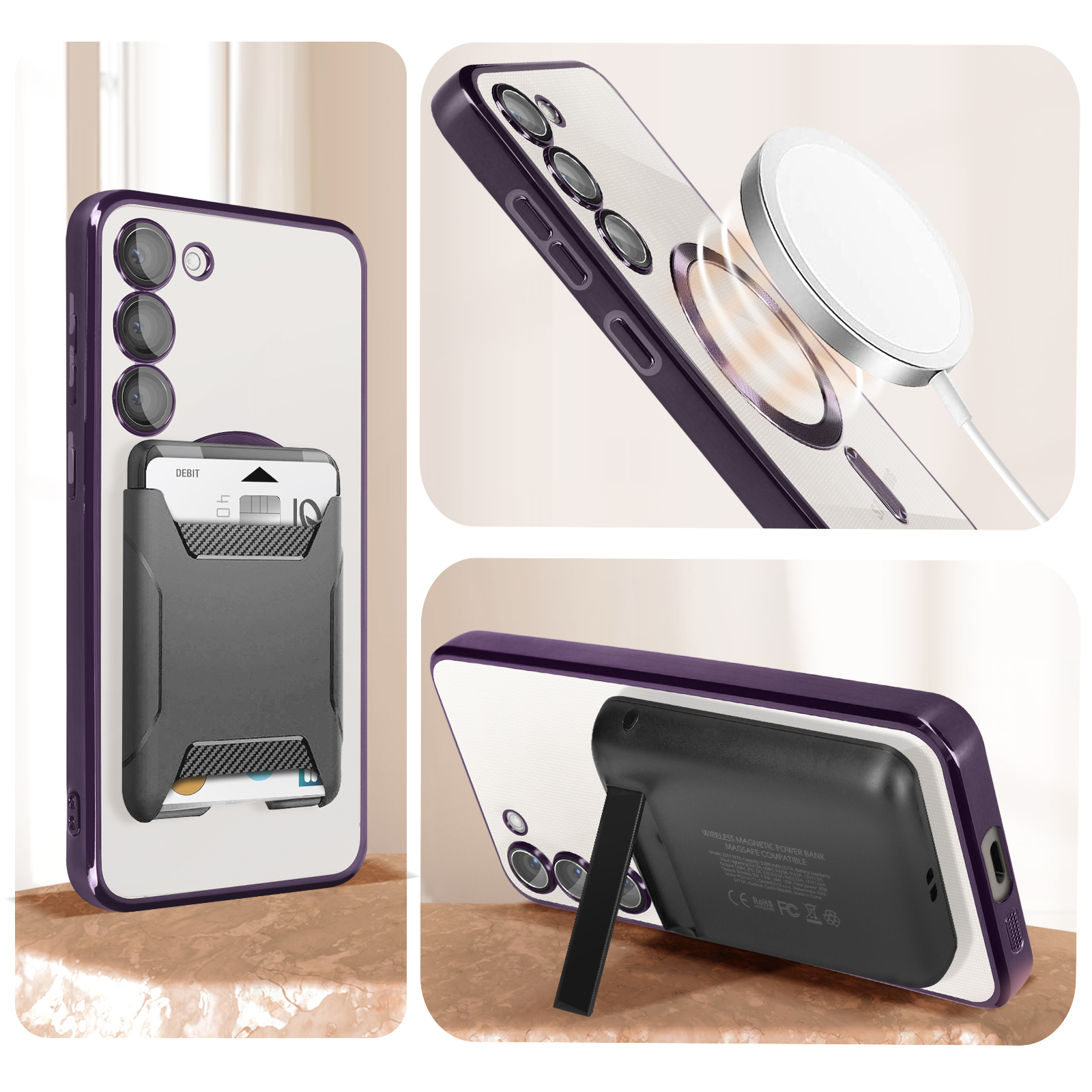 Custodia per telefono con slot per schede e ricarica wireless. Tre viste della custodia.