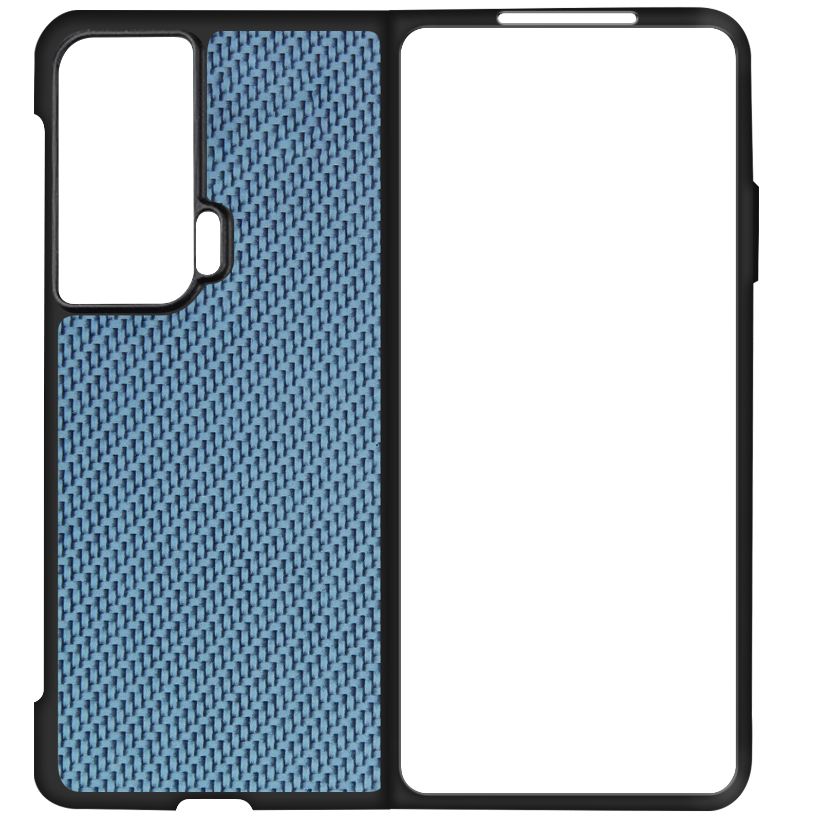 Interno di custodia per telefono con motivo intrecciato blu con cornice nera, che mostra l'interno di una custodia.