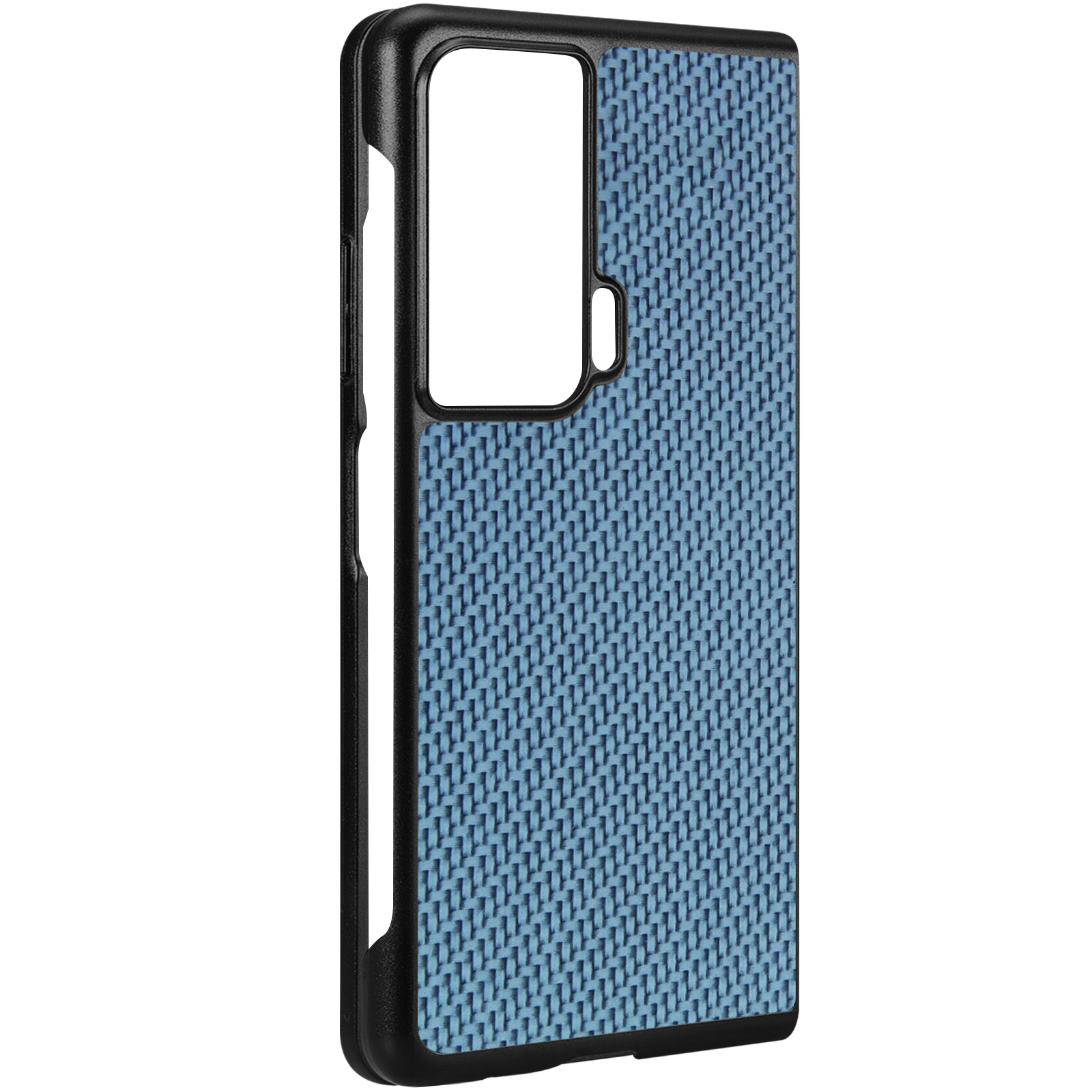 Una custodia per telefono blu e nera con un motivo strutturato. La custodia ha una cornice nera.