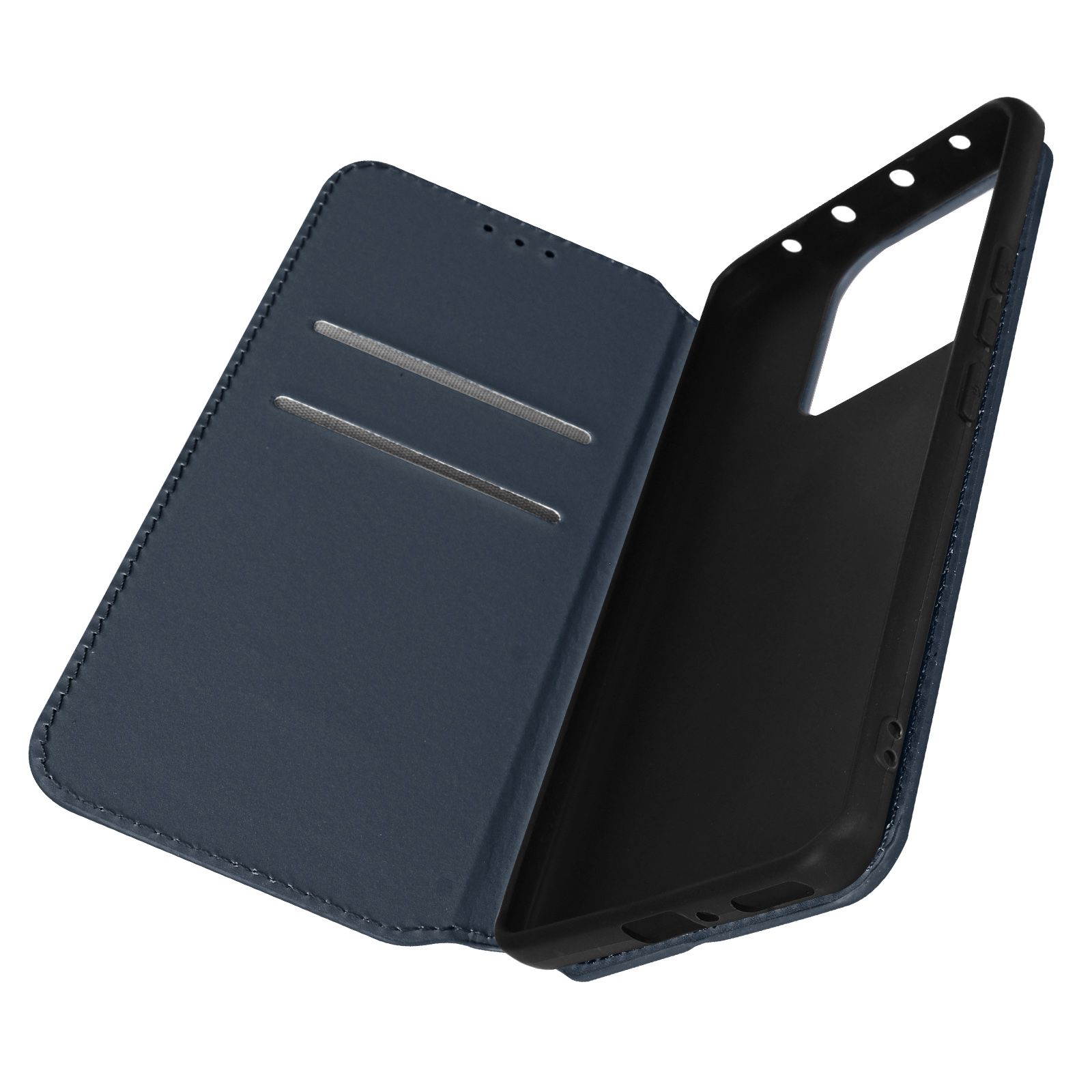 Custodia per telefono blu aperta, rivelando lo slot del telefono e gli slot per schede. L'interno è nero.
