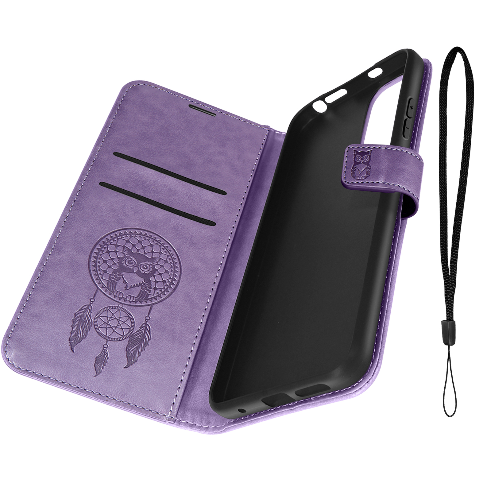Una custodia per telefono viola con un design acchiappasogni, aperta per mostrare telefono e slot per schede.