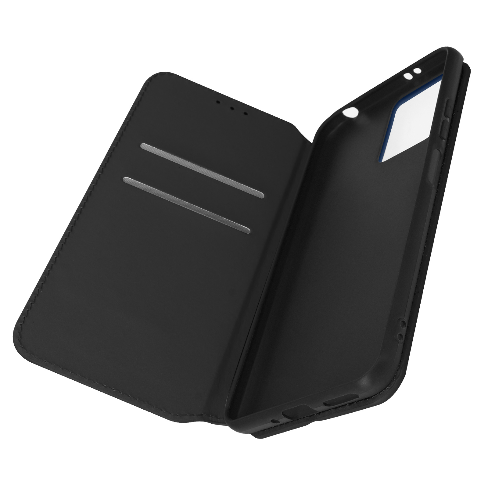 Custodia per telefono nera, aperta per mostrare l'interno. Ha fessure per carte.