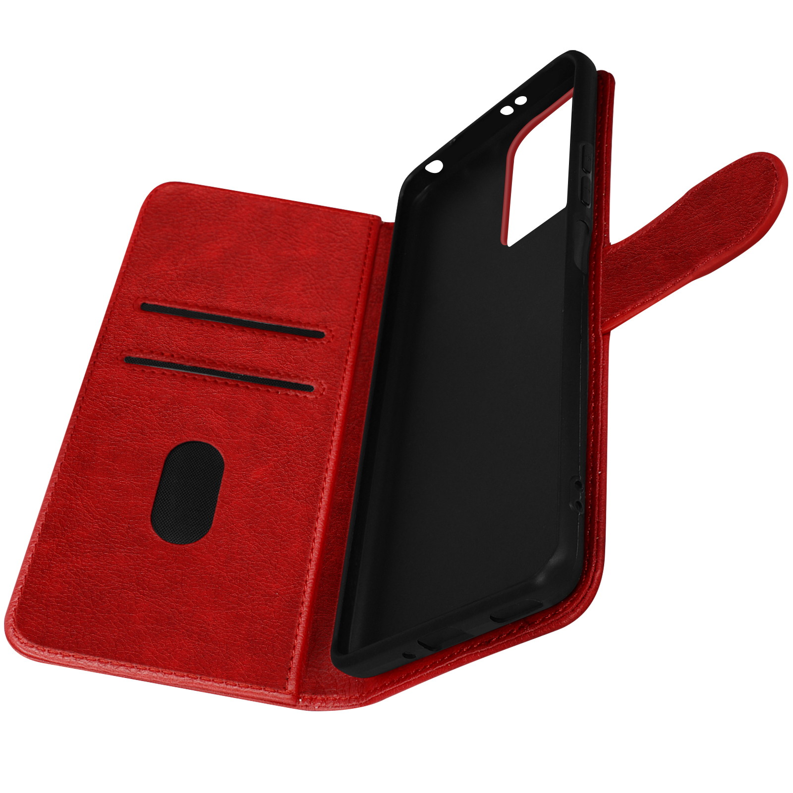 Custodia per telefono in pelle rossa aperta con fessure per carte e custodia nera all'interno.