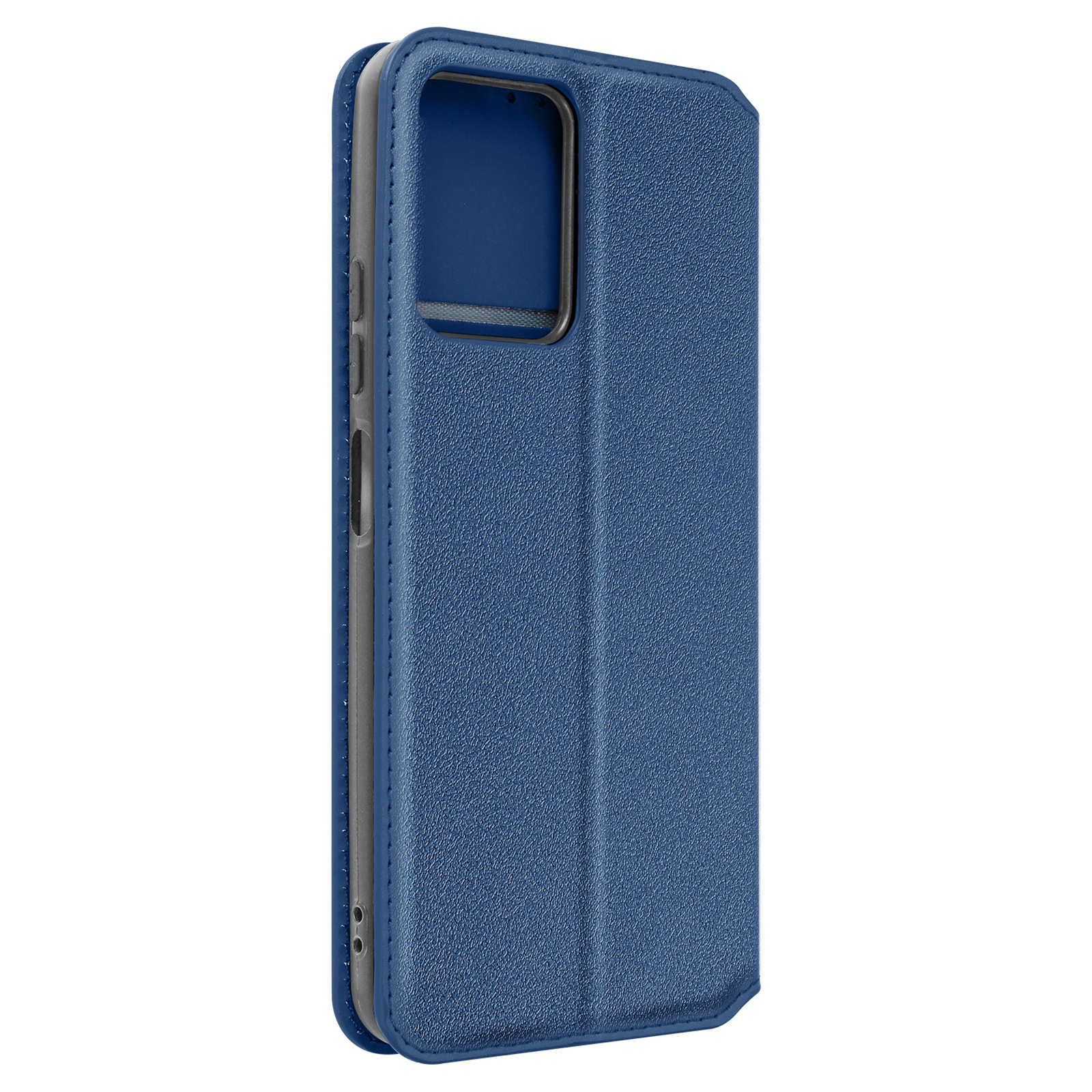 Una custodia per telefono blu, chiusa. La custodia è strutturata e ha un ritaglio per la fotocamera.
