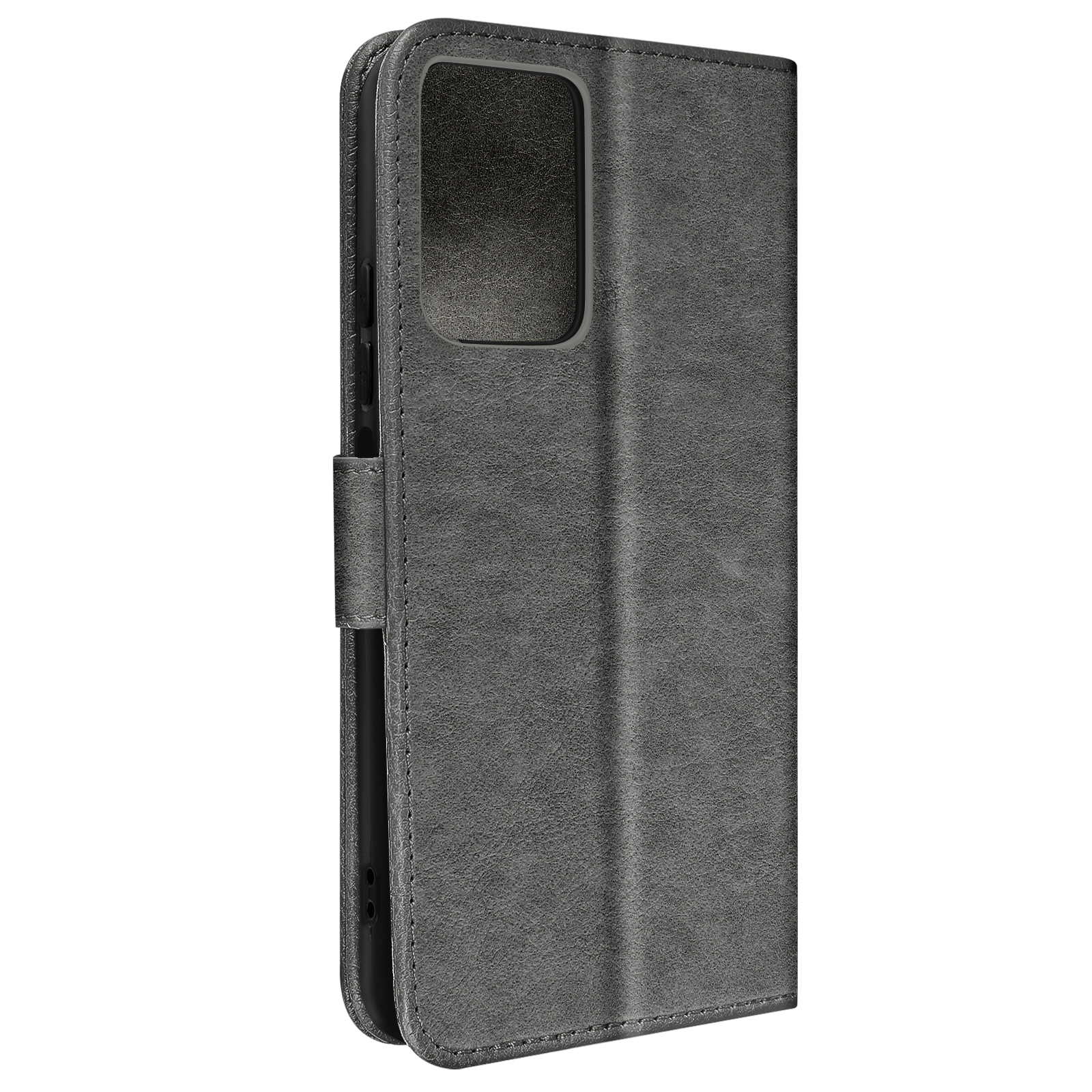 Custodia per telefono in pelle grigia con chiusura magnetica.
