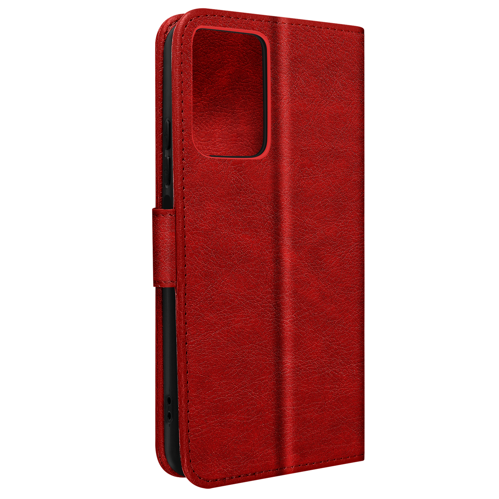 Custodia per telefono in pelle rossa, chiusa, con patta. Ritaglio della fotocamera e bordi del telefono visibili.