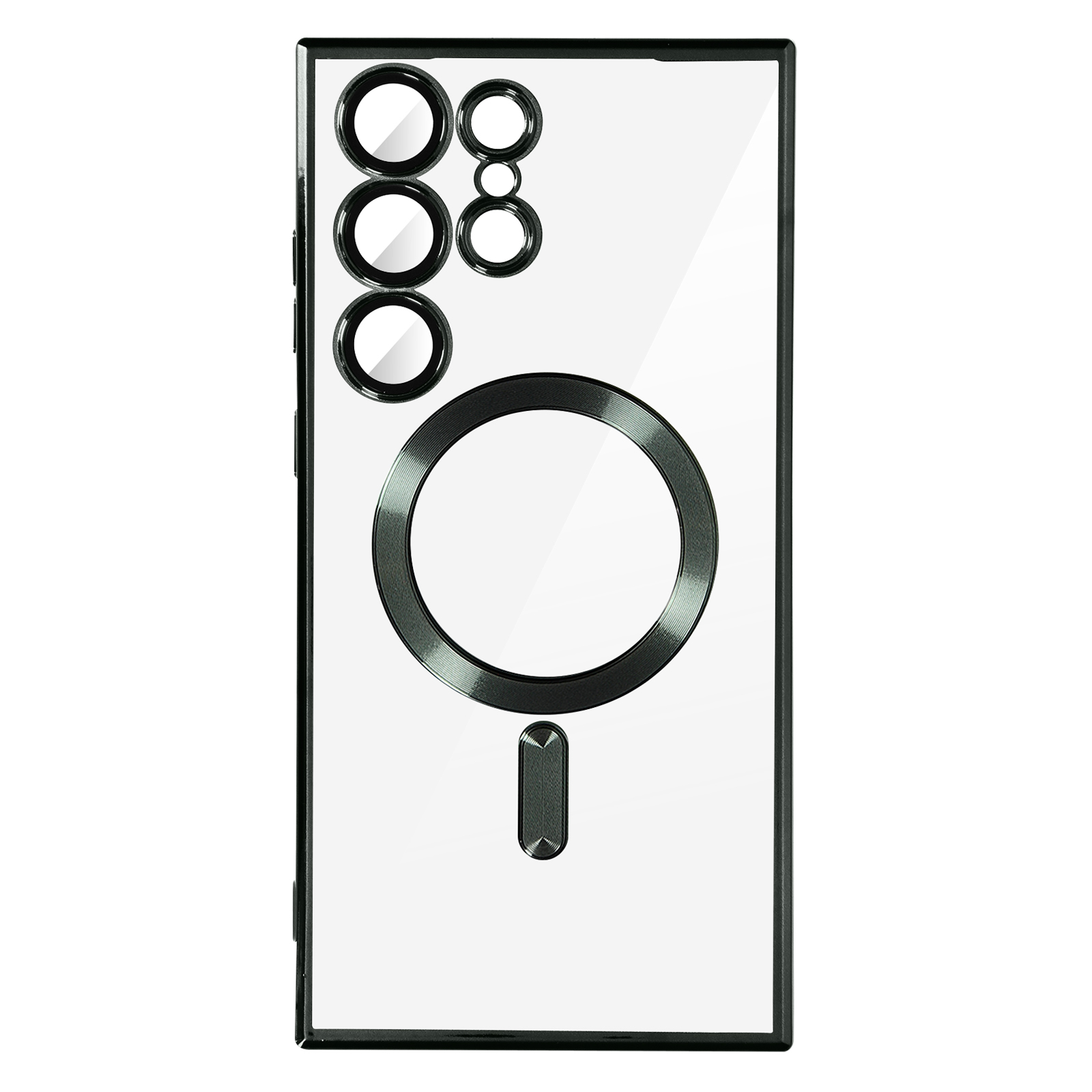 Transparante telefoonhoes met een camera-uitsparing en een zwarte ring, op een witte achtergrond.