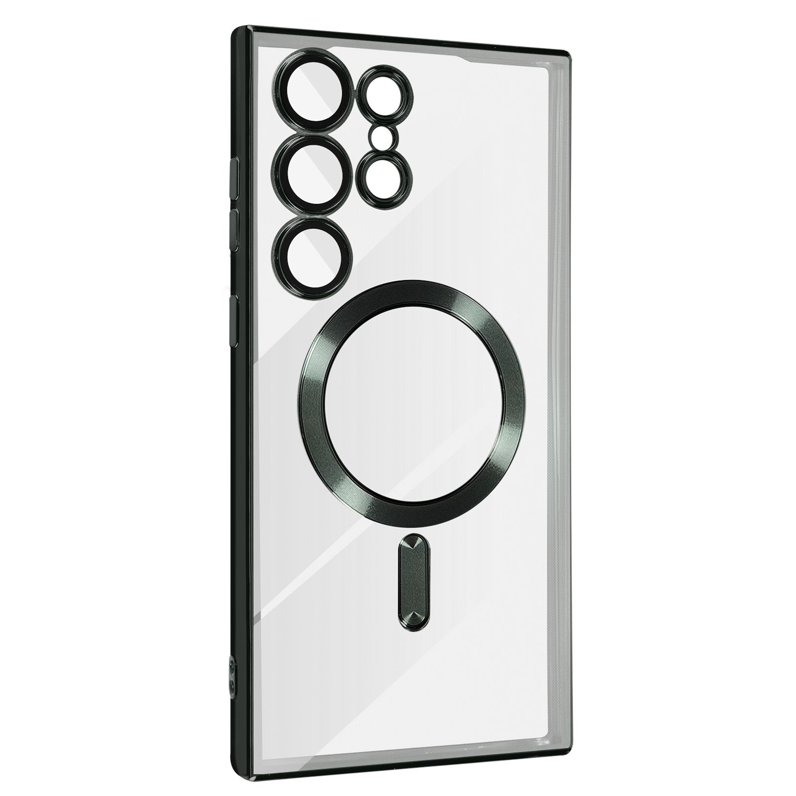 Transparante telefoonhoes met zwart frame. Het heeft een camerabult, een ronde magneet en een kleine rechthoek.