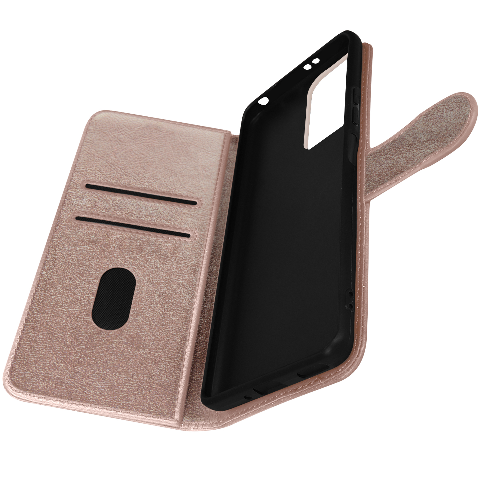 Custodia per telefono oro rosa, aperta per mostrare lo scomparto del telefono, gli slot per schede e il telefono nero.