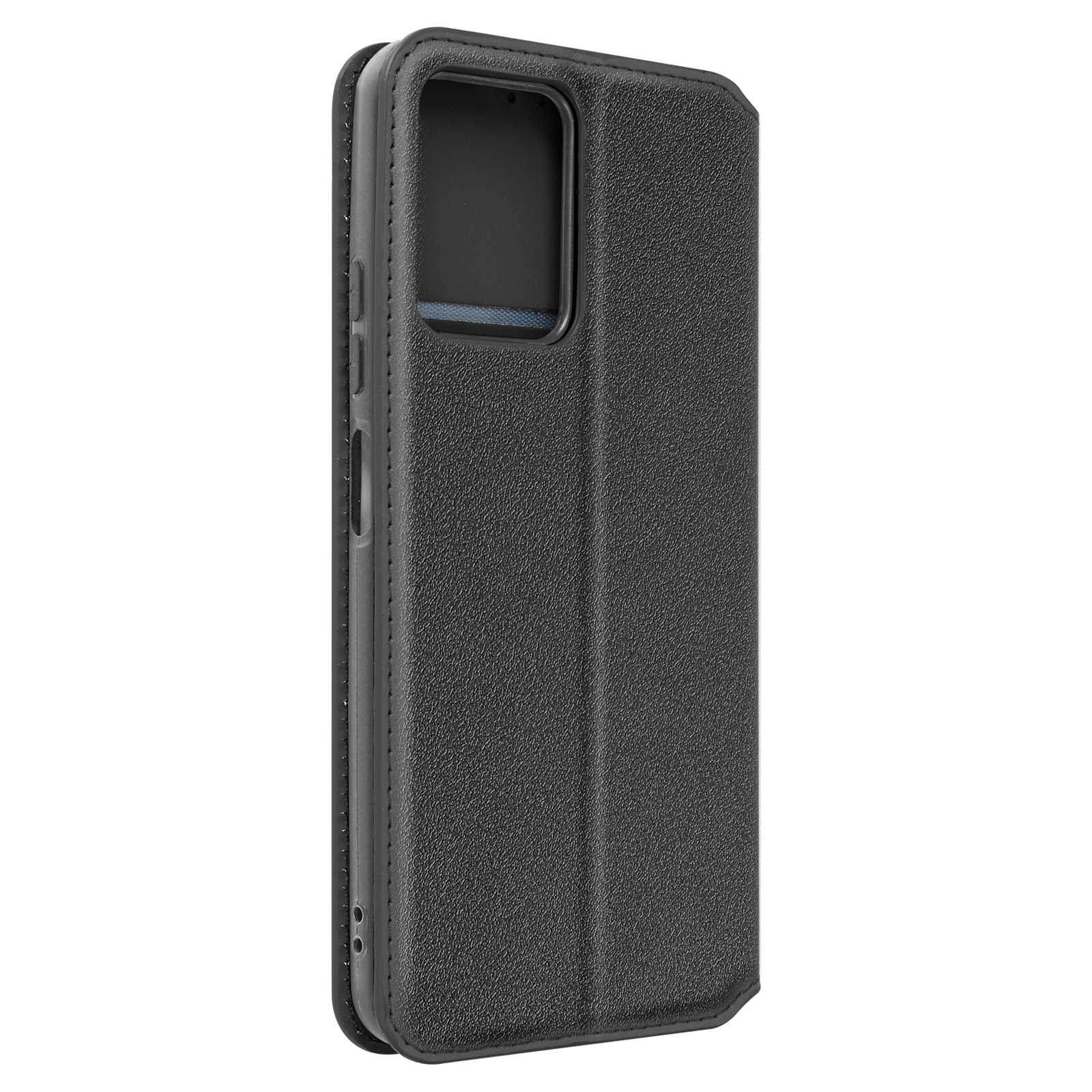Una custodia per telefono nera chiusa con texture e un ritaglio per la fotocamera. Una custodia a libro.