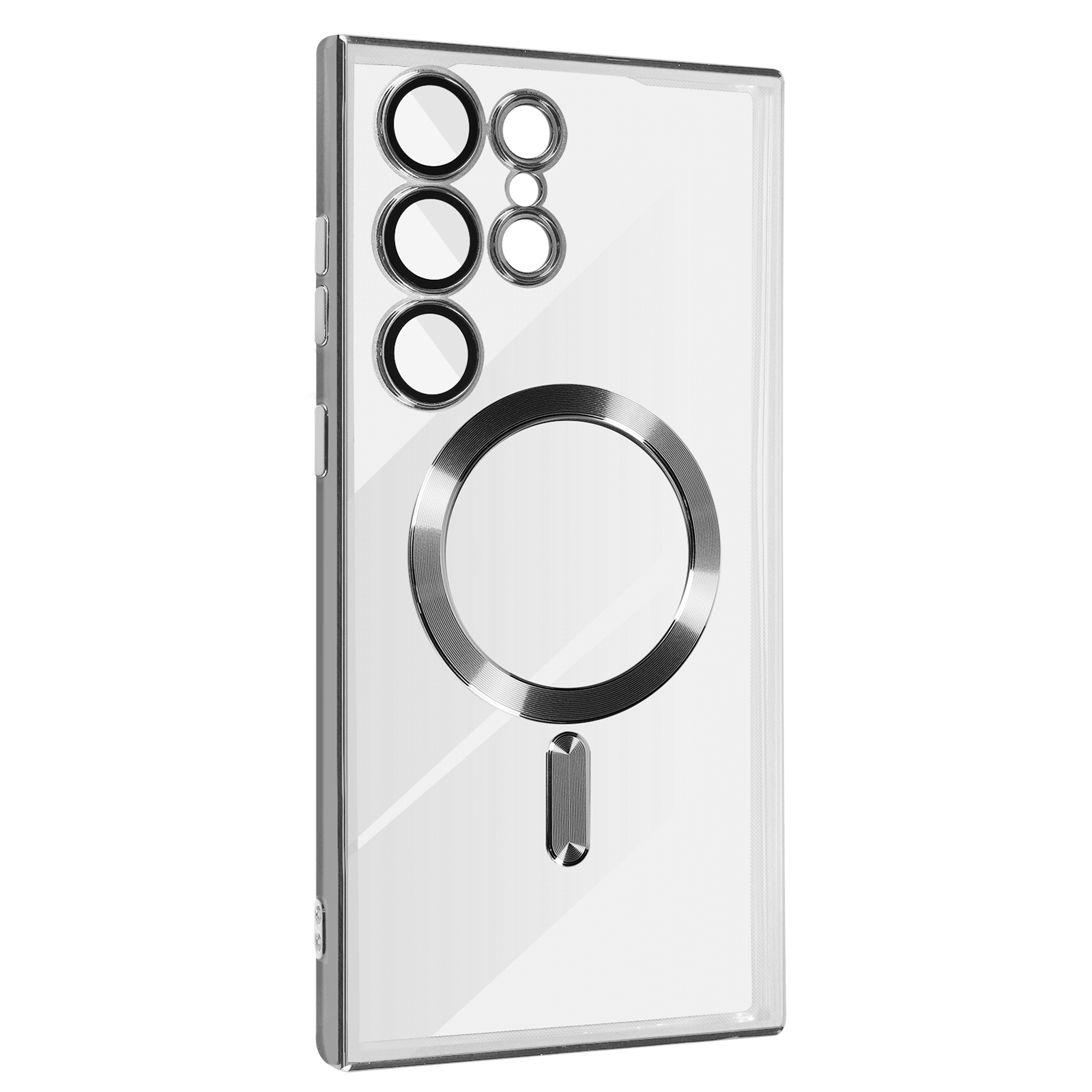 Transparante telefoonhoes met cameracirkels, zilveren ring en zwart element.