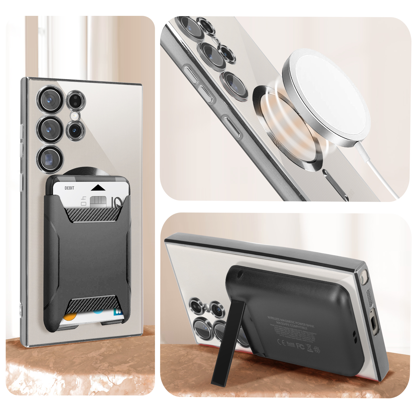 Telefoon met kaarthouder en draadloze oplader. Witte achtergrond.