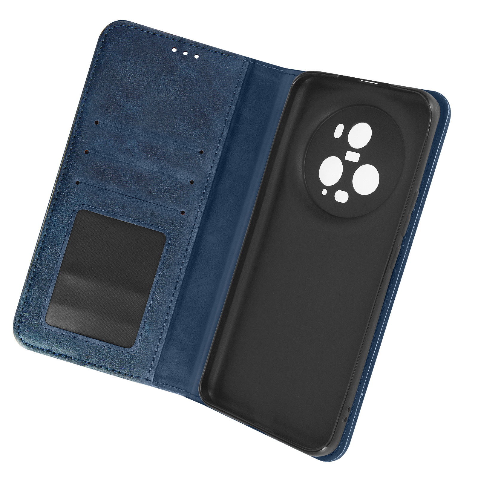 Blaue Leder-Handyhülle, offen, um Handyhalter und Kartenfächer zu zeigen.