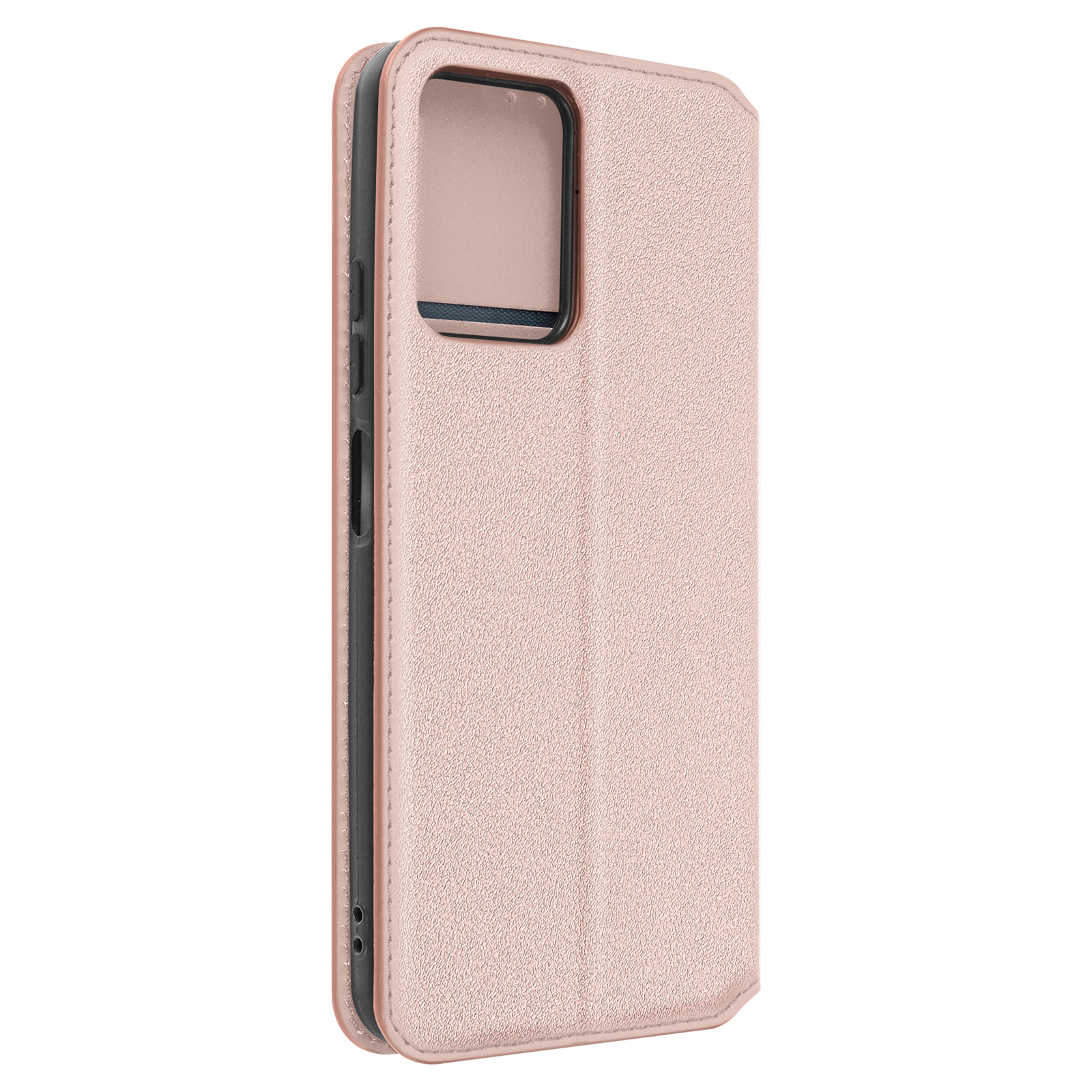 Custodia per telefono rosa con coperchio chiuso su sfondo bianco.