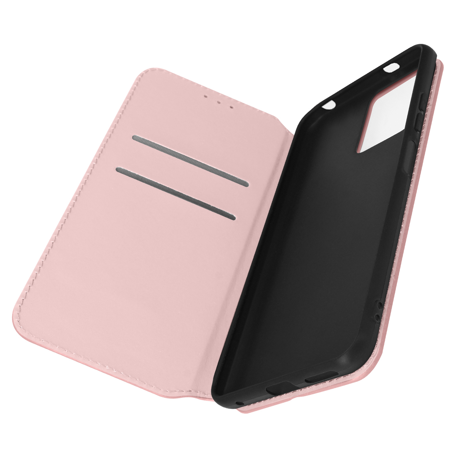 Una custodia per telefono rosa aperta, che mostra fessure per carte e l'interno del telefono.