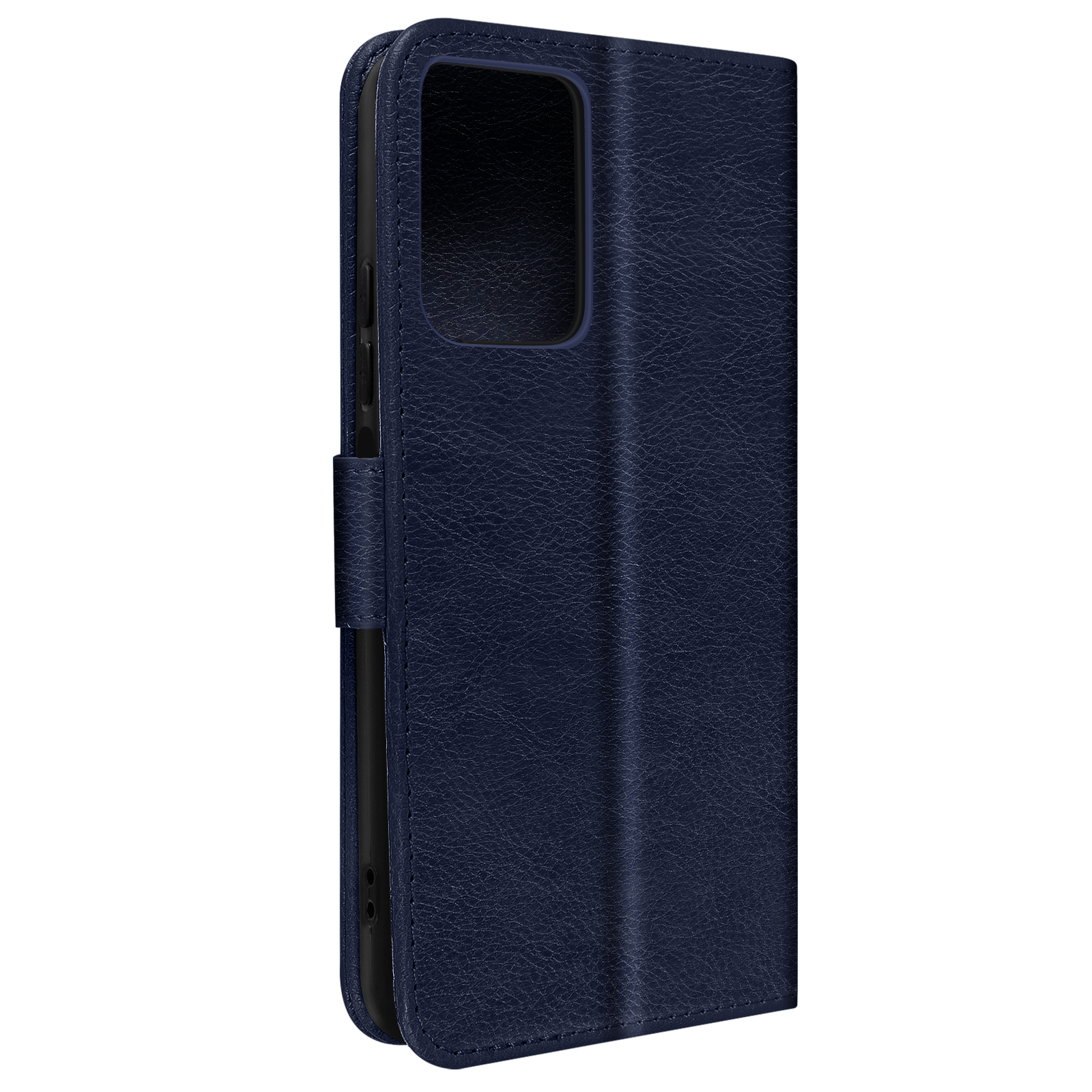 Una custodia per telefono blu navy, chiusa, con superficie strutturata. L'interno è scuro. Mostra un ritaglio per telefono.
