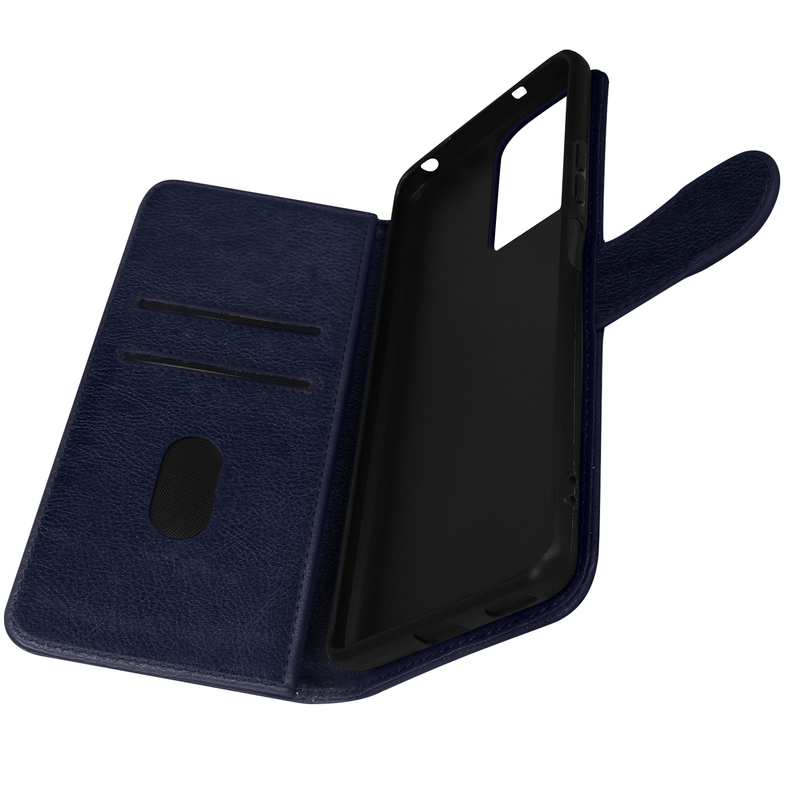 Custodia per telefono blu scuro, aperta, mostra lo slot del telefono e gli slot per carte. Interno nero.