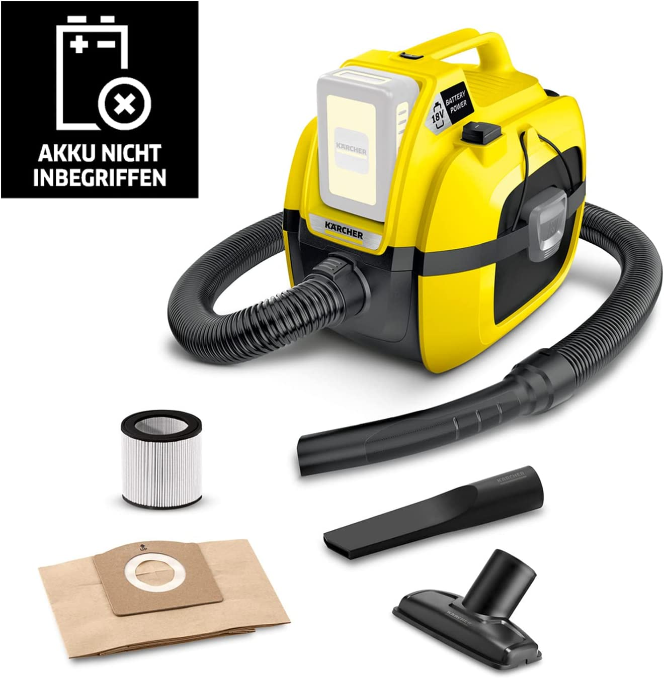 Aspiradora Kärcher amarilla, con accesorios y un icono de batería.
