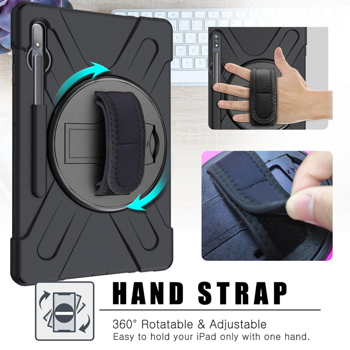 Schwarze iPad-Hülle mit Handschlaufe, Drehfunktion und Detailansicht.