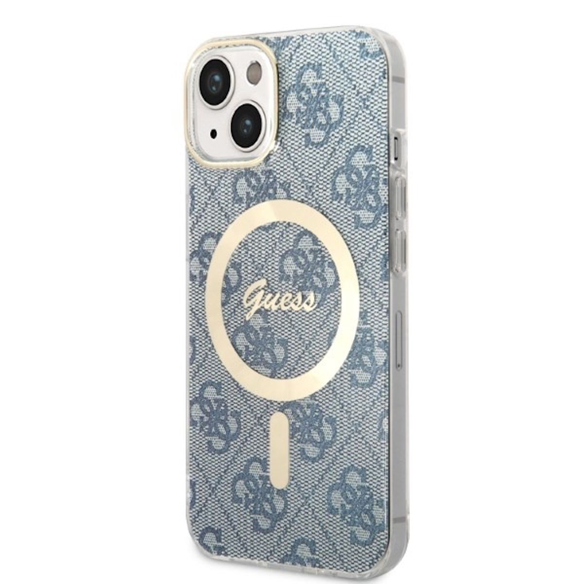Una custodia per telefono Guess. È blu e ha il logo Guess.