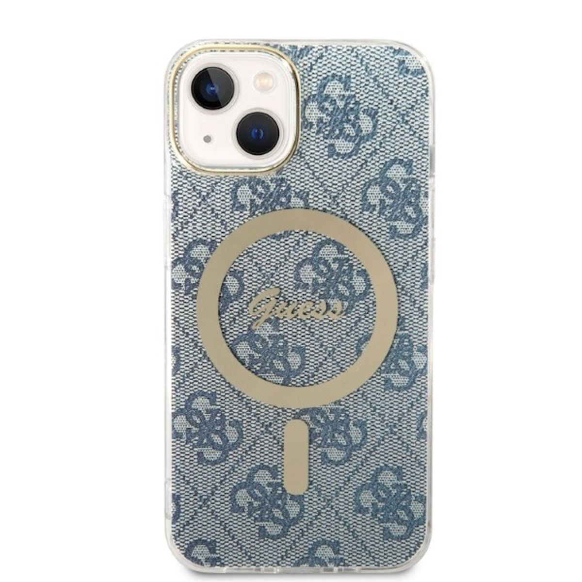 Una custodia per telefono con un motivo blu. C'è un cerchio d'oro e la parola Guess.