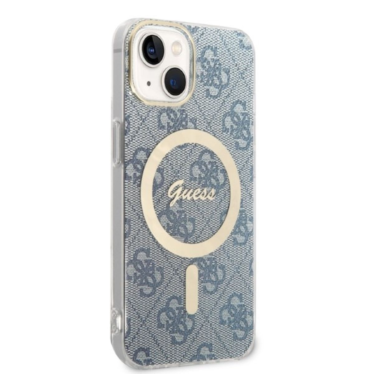 Custodia per telefono con motivo logo Guess, con un anello dorato attorno alla fotocamera e al logo Guess.