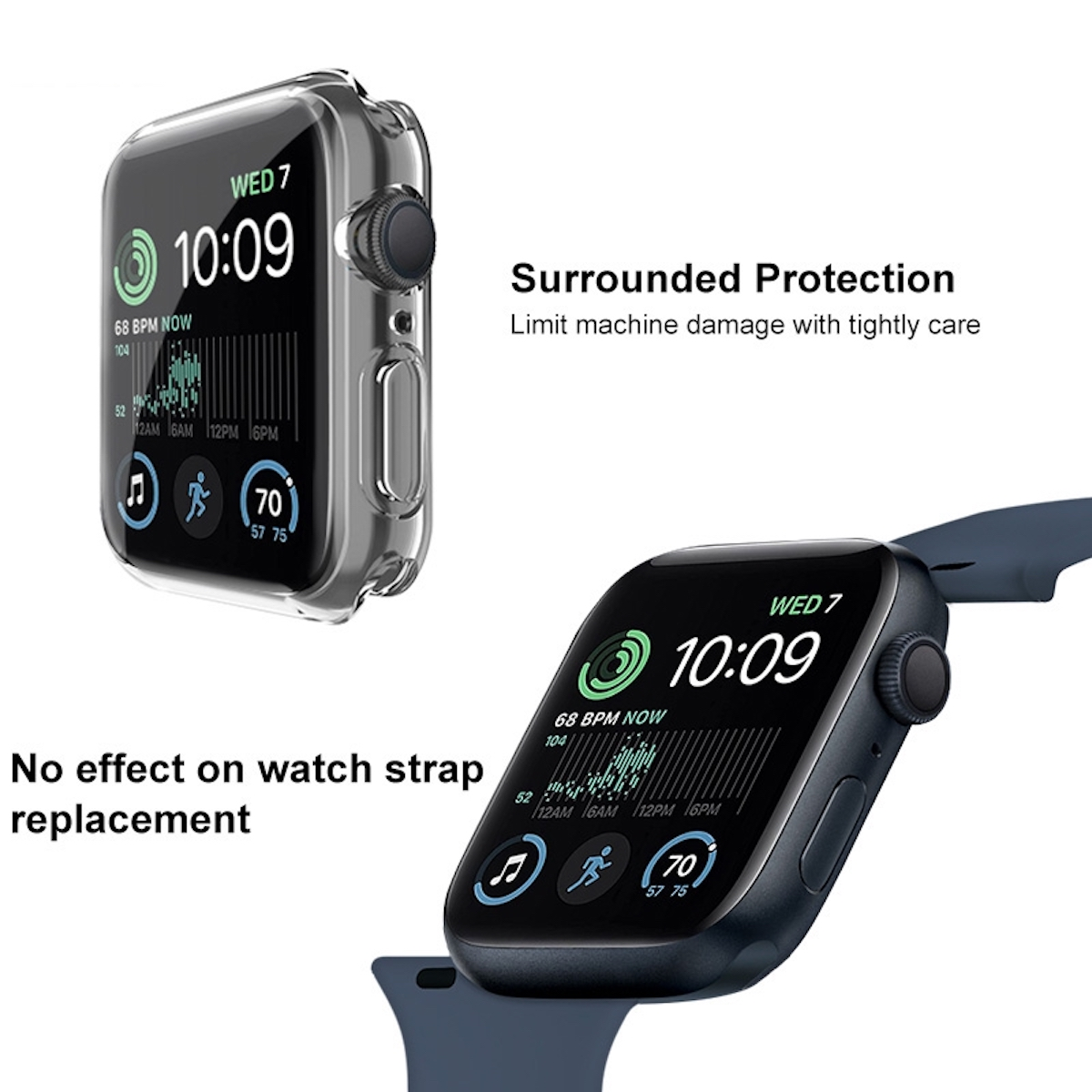 Zwei Apple Watches. Eine mit einer transparenten Hülle über dem Bildschirm. Die andere hat ein blaues Band.