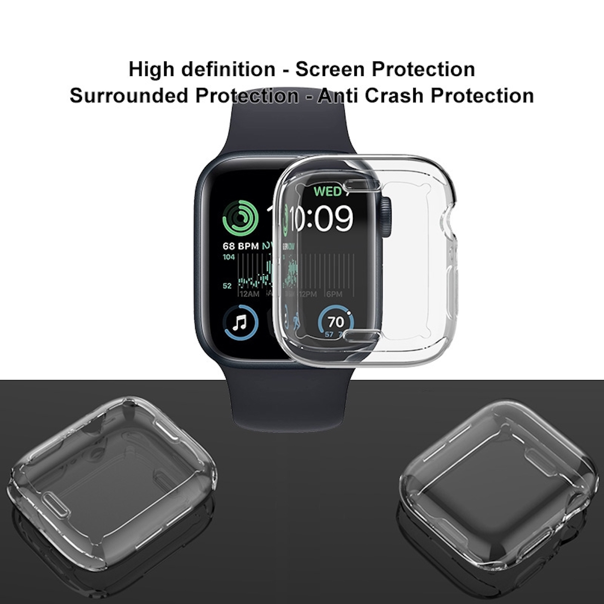 Smartwatch mit klarer Schutzhülle. Schwarzes Armband. Zeit wird angezeigt, umgeben von Grafiken.