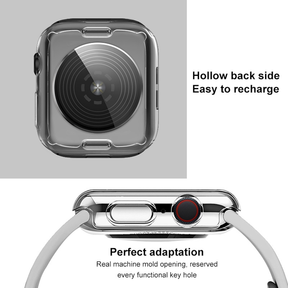Transparente Uhrenhülle mit grauem Armband. Text: Hohlrückseite, einfach aufladen, perfekte Anpassung.