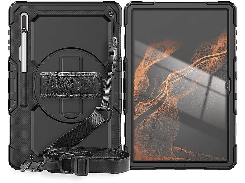 WIGENTO 360 Grad aufstellbare Voll Schutz Tasche, Full Cover, Samsung, Galaxy Tab S9 Ultra / S8 Ultra, Schwarz