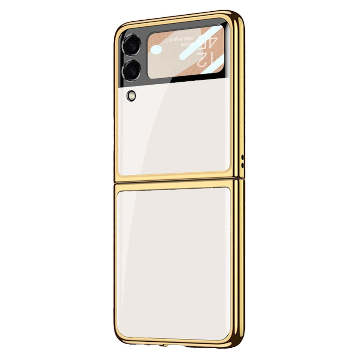 Goldenes und weißes faltbares Telefon. Das Telefon ist geöffnet und zeigt den Bildschirm.