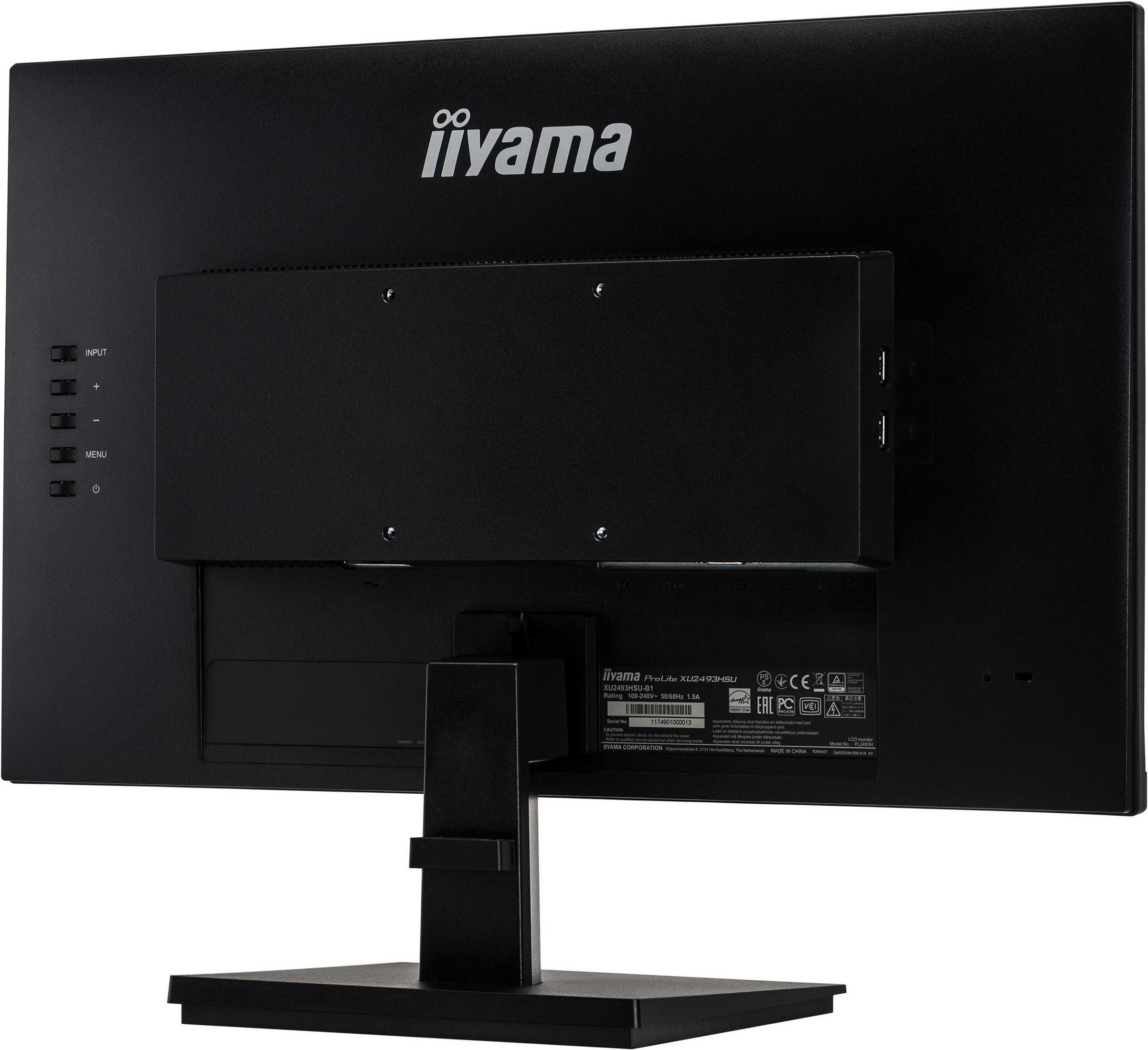 Rückseite eines schwarzen Computermonitors mit iiyama-Markennamen, Eingängen und Ständer.